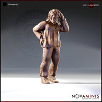 Front-facing digital render of Prisoner 01 miniature by Novaminis — a distressed male human in stitched leather trousers and open jacket, both hands raised to his head in anguish, wearing heavy lace-up boots, 32mm scale