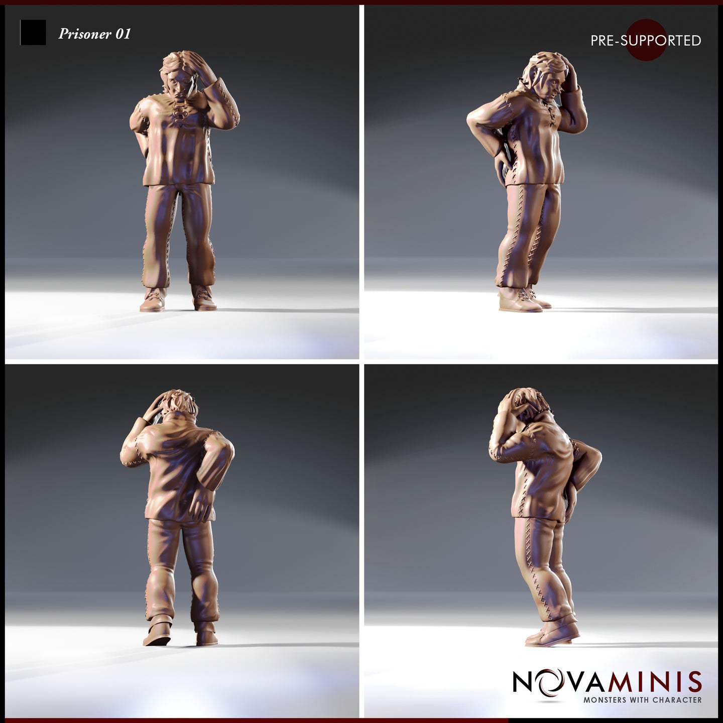 Four-angle digital render of Prisoner 01 miniature by Novaminis — showing front, side, rear, and three-quarter views of a panicked male prisoner with hands raised to his head, wearing rough stitched trousers and laced boots