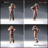 Four-angle digital render of Prisoner 01 miniature by Novaminis — showing front, side, rear, and three-quarter views of a panicked male prisoner with hands raised to his head, wearing rough stitched trousers and laced boots
