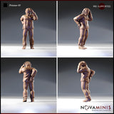 Four-angle digital render of Prisoner 01 miniature by Novaminis showing front, three-quarter, rear, and side views of the distressed prisoner pose with hands clutching his head, stitched leather clothing, and lace-up boots, 32mm scale