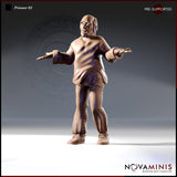 32mm scale digital render of Prisoner 02 miniature by Novaminis — a bald, hollow-cheeked male figure in tattered linen with both arms spread wide in a theatrical shrug and a broad unsettling grin, viewed from the front
