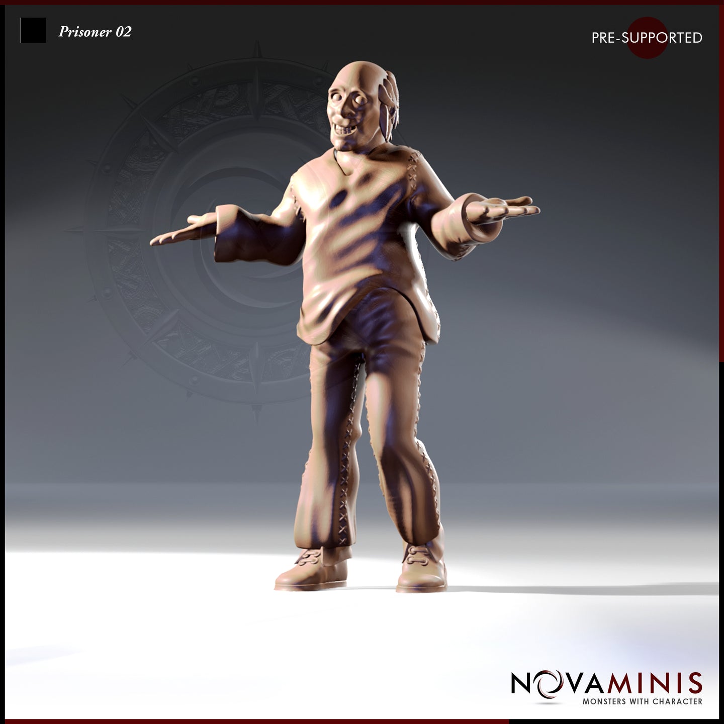 Front-facing digital render of the Prisoner 02 miniature by Novaminis — a bald, gaunt human male in tattered stitched clothing, arms spread wide, wearing a wide unhinged grin, long lank hair falling behind him, 32mm scale