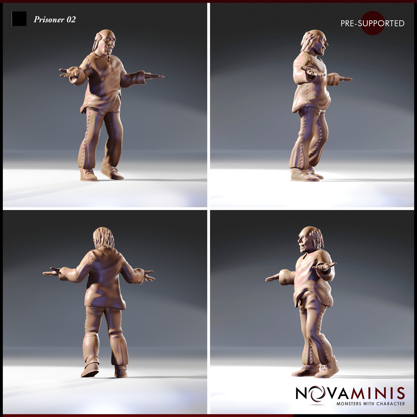 Four-angle digital render sheet of Prisoner 02 by Novaminis showing front-left, side, rear, and front-right views of the gaunt prisoner miniature with arms outstretched, stitched trousers, open tunic, and expressive wild-eyed face