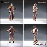 Four-angle digital render sheet of Prisoner 02 by Novaminis showing front-left, side, rear, and front-right views of the gaunt prisoner miniature with arms outstretched, stitched trousers, open tunic, and expressive wild-eyed face