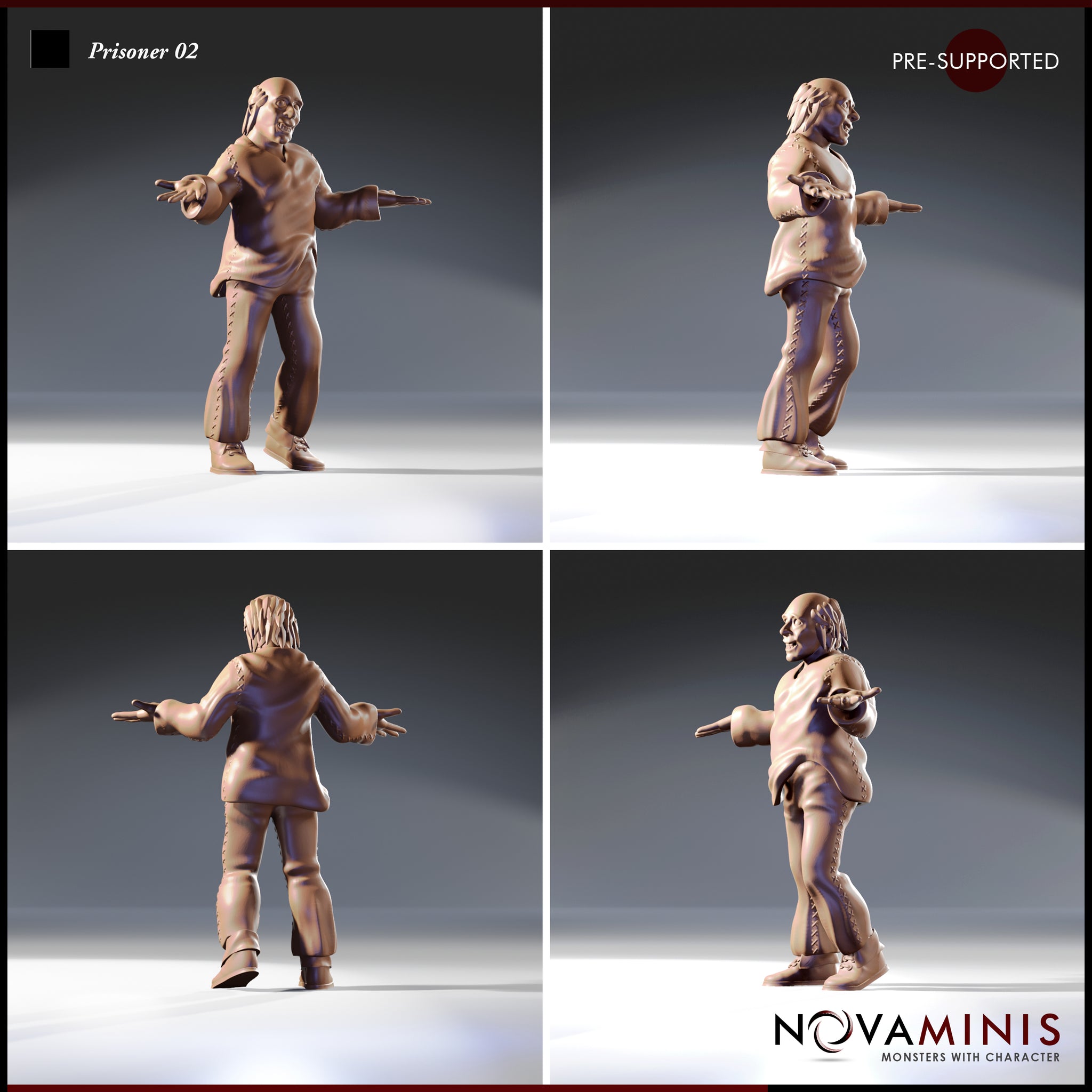 Four-angle digital render sheet of Prisoner 02 by Novaminis showing front-left, side, rear, and front-right views of the gaunt prisoner miniature with arms outstretched, stitched trousers, open tunic, and expressive wild-eyed face