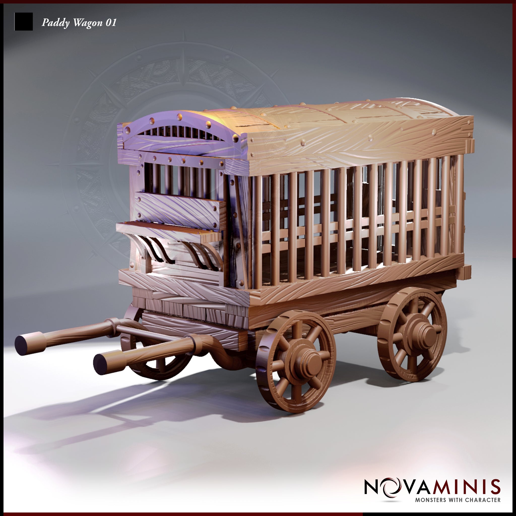 Digital render of the Novaminis Paddy Wagon 01 — a four-wheeled wooden prisoner transport wagon with vertical cage bars along each side, an arched woodgrain roof, decorative front ventilation slats, and sturdy spoked wheels, shown in an unpainted brown resin render from a front-right angle