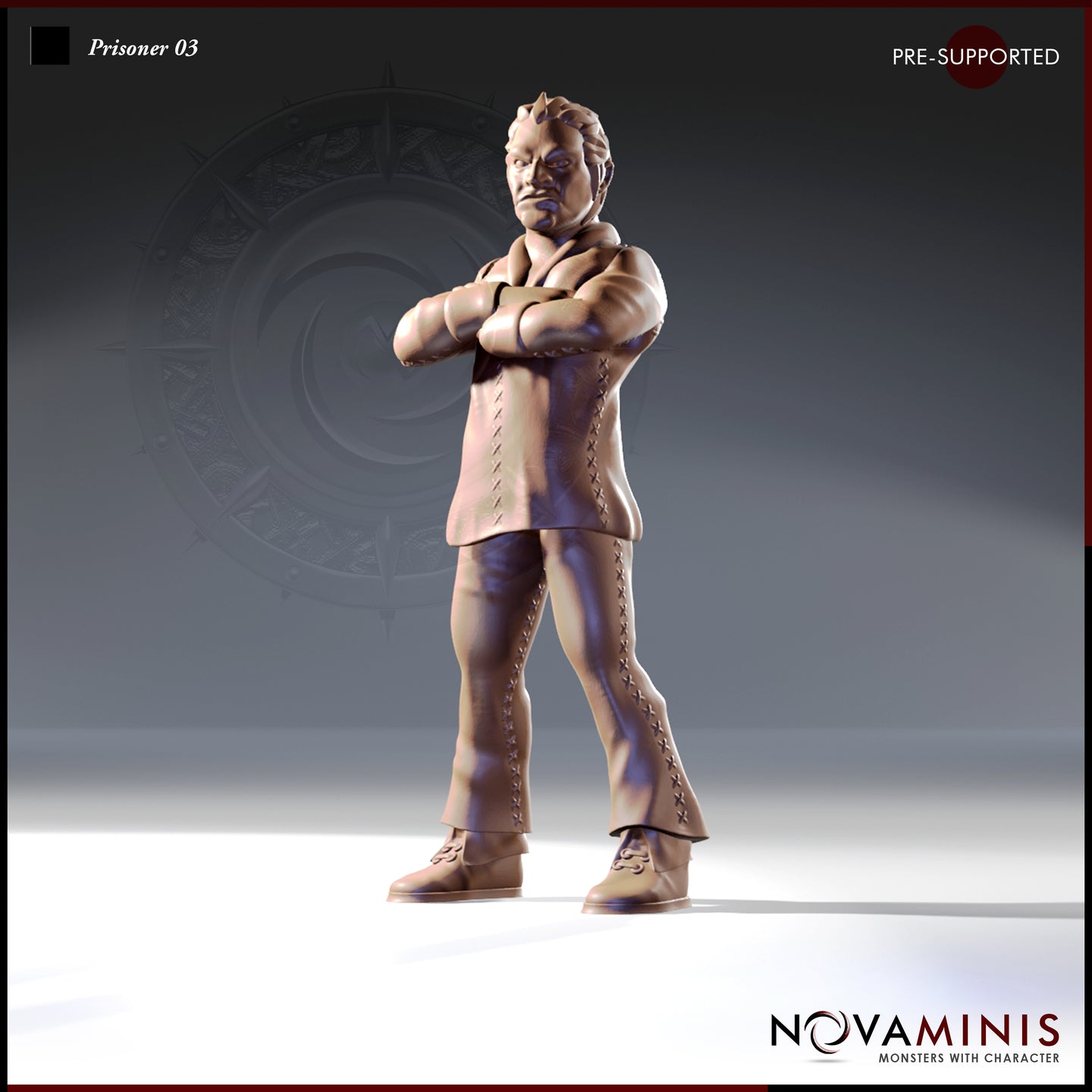 Front-facing digital render of Prisoner 03 miniature by Novaminis — a defiant human male in stitched leather jacket and wide-leg trousers, arms folded across his chest, wide stance, scowling expression, swept-back hair, unpainted resin, 32mm scale