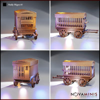 Four-angle digital render of the Novaminis Paddy Wagon 01 showing front, rear, left, and right views of the barred prisoner wagon, highlighting the cage bar construction, spoked wheels, lockable rear access, and detailed woodgrain panelling on all surfaces