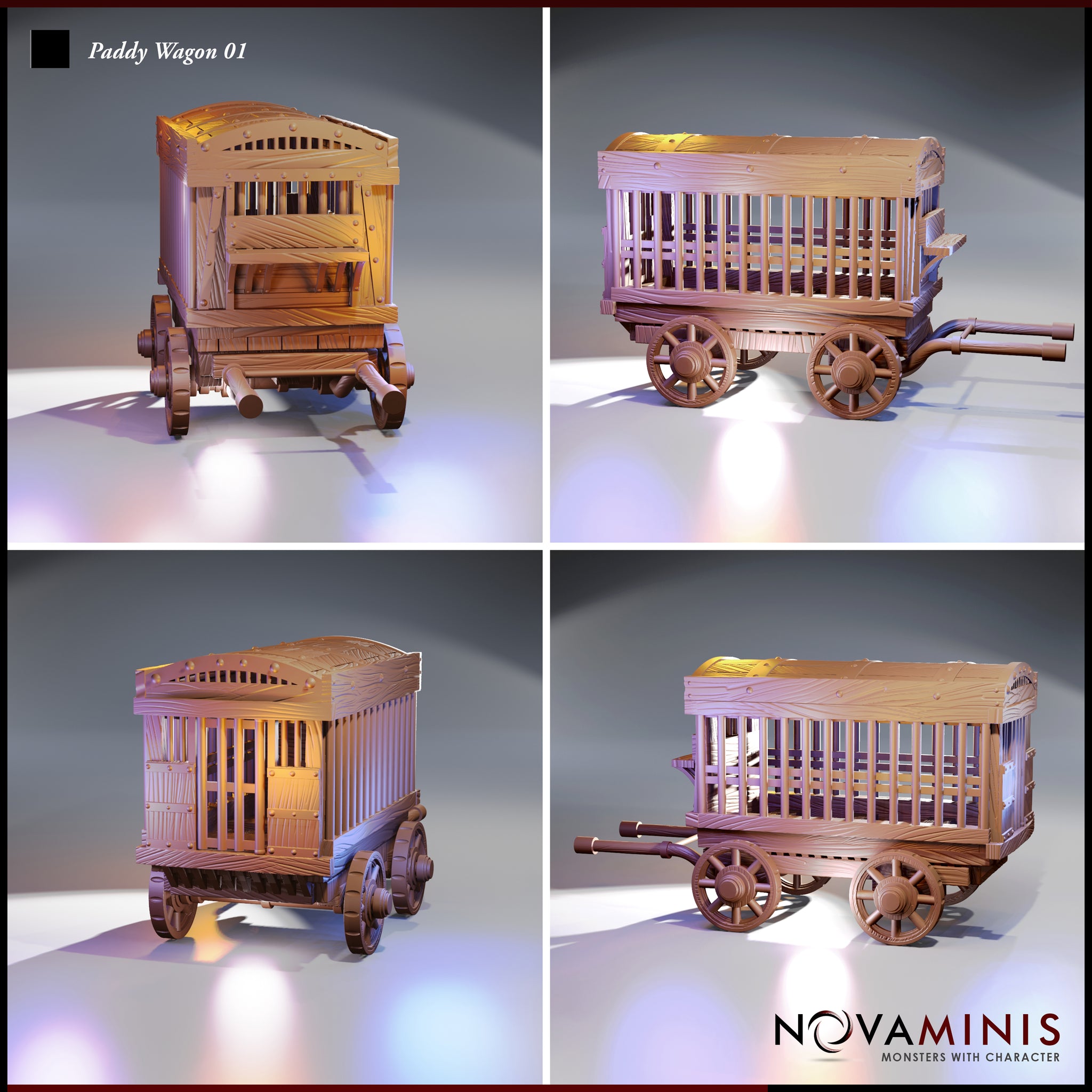 Four-angle digital render of the Novaminis Paddy Wagon 01 showing front, rear, left, and right views of the barred prisoner wagon, highlighting the cage bar construction, spoked wheels, lockable rear access, and detailed woodgrain panelling on all surfaces