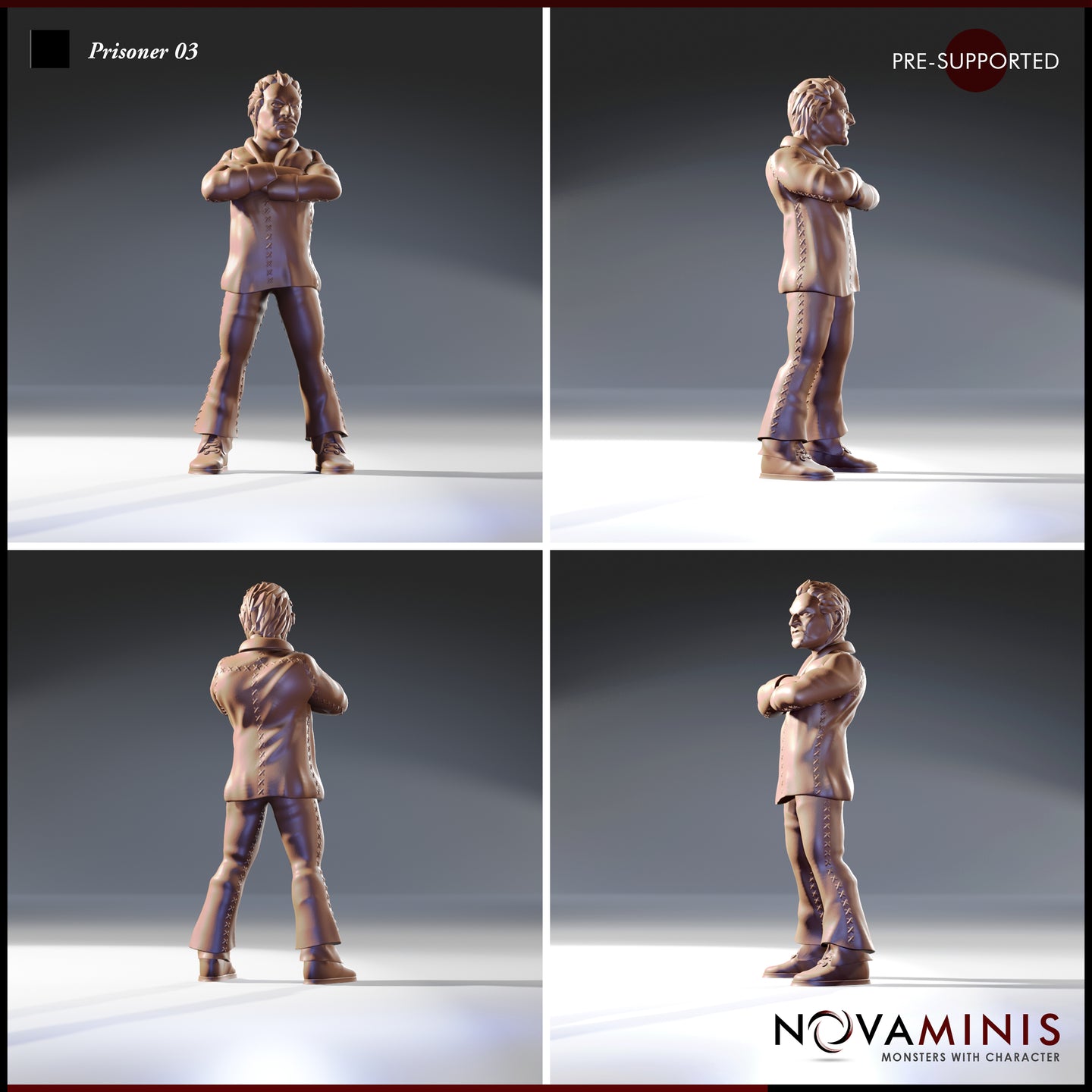 Four-angle digital render sheet of Prisoner 03 by Novaminis showing front, side, rear, and three-quarter views — stitched leather jacket with cross-laced detailing, wide-leg trousers with side lacing, lace-up boots, arms folded, strong facial features, unpainted resin, 32mm scale