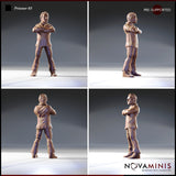 Four-angle digital render sheet of Prisoner 03 by Novaminis showing front, side, rear, and three-quarter views — stitched leather jacket with cross-laced detailing, wide-leg trousers with side lacing, lace-up boots, arms folded, strong facial features, unpainted resin, 32mm scale