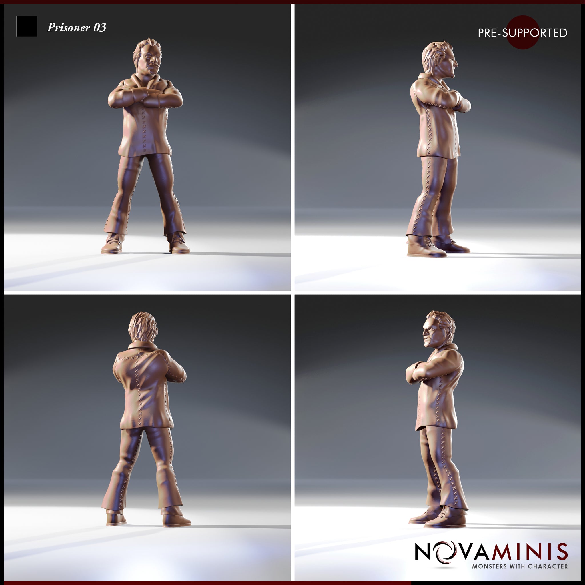 Four-angle digital render sheet of Prisoner 03 by Novaminis showing front, side, rear, and three-quarter views — stitched leather jacket with cross-laced detailing, wide-leg trousers with side lacing, lace-up boots, arms folded, strong facial features, unpainted resin, 32mm scale