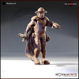 Novaminis Watchman 01 — front-facing 32mm resin miniature render of a grizzled male city watchman in riveted leather armour, wide-brimmed helmet, long coat, and knee-high boots, striding forward with a truncheon at his side and one hand outstretched