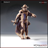 Novaminis Watchman 01 — front-facing 32mm resin miniature render of a grizzled male city watchman in riveted leather armour, wide-brimmed helmet, long coat, and knee-high boots, striding forward with a truncheon at his side and one hand outstretched