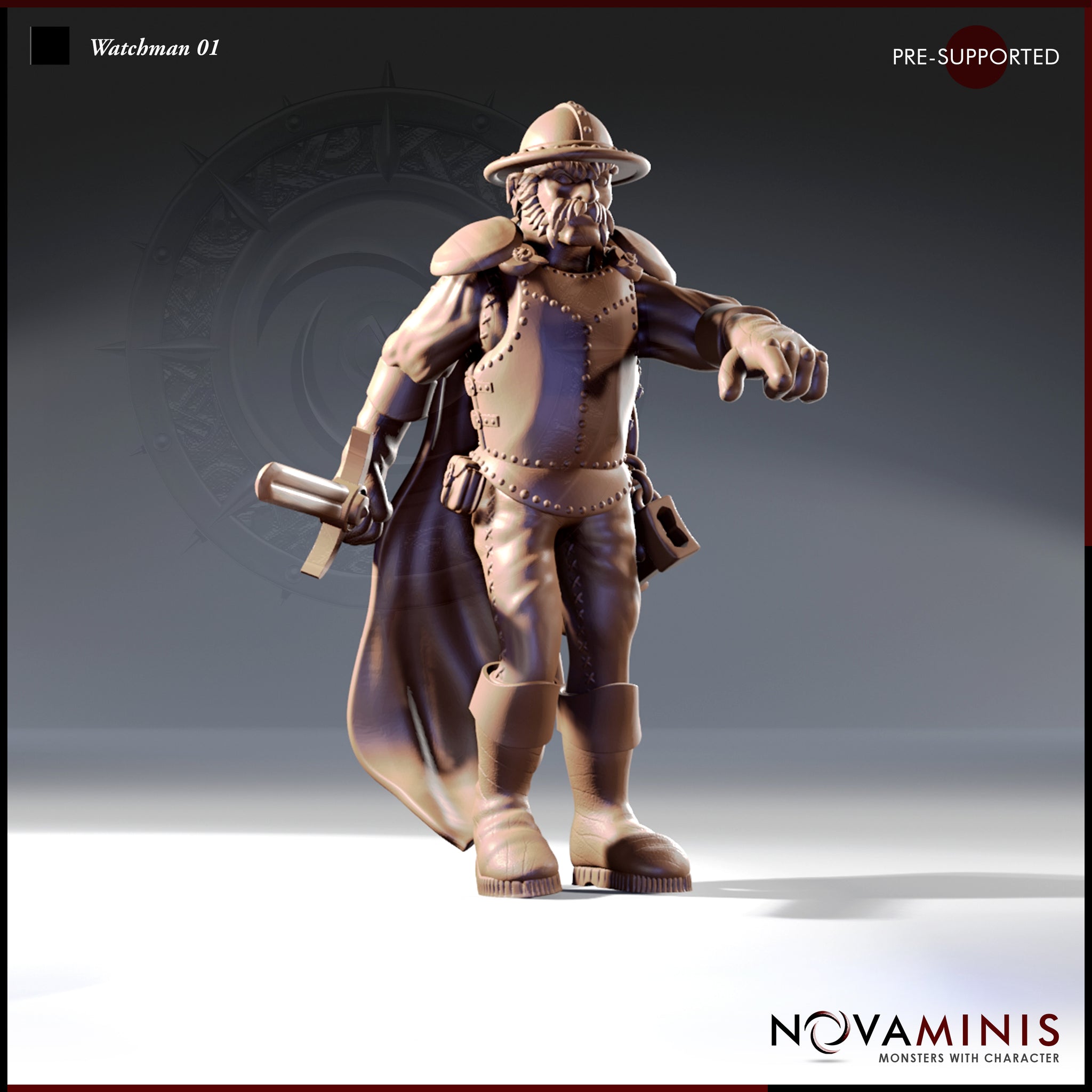 Novaminis Watchman 01 — front-facing 32mm resin miniature render of a grizzled male city watchman in riveted leather armour, wide-brimmed helmet, long coat, and knee-high boots, striding forward with a truncheon at his side and one hand outstretched