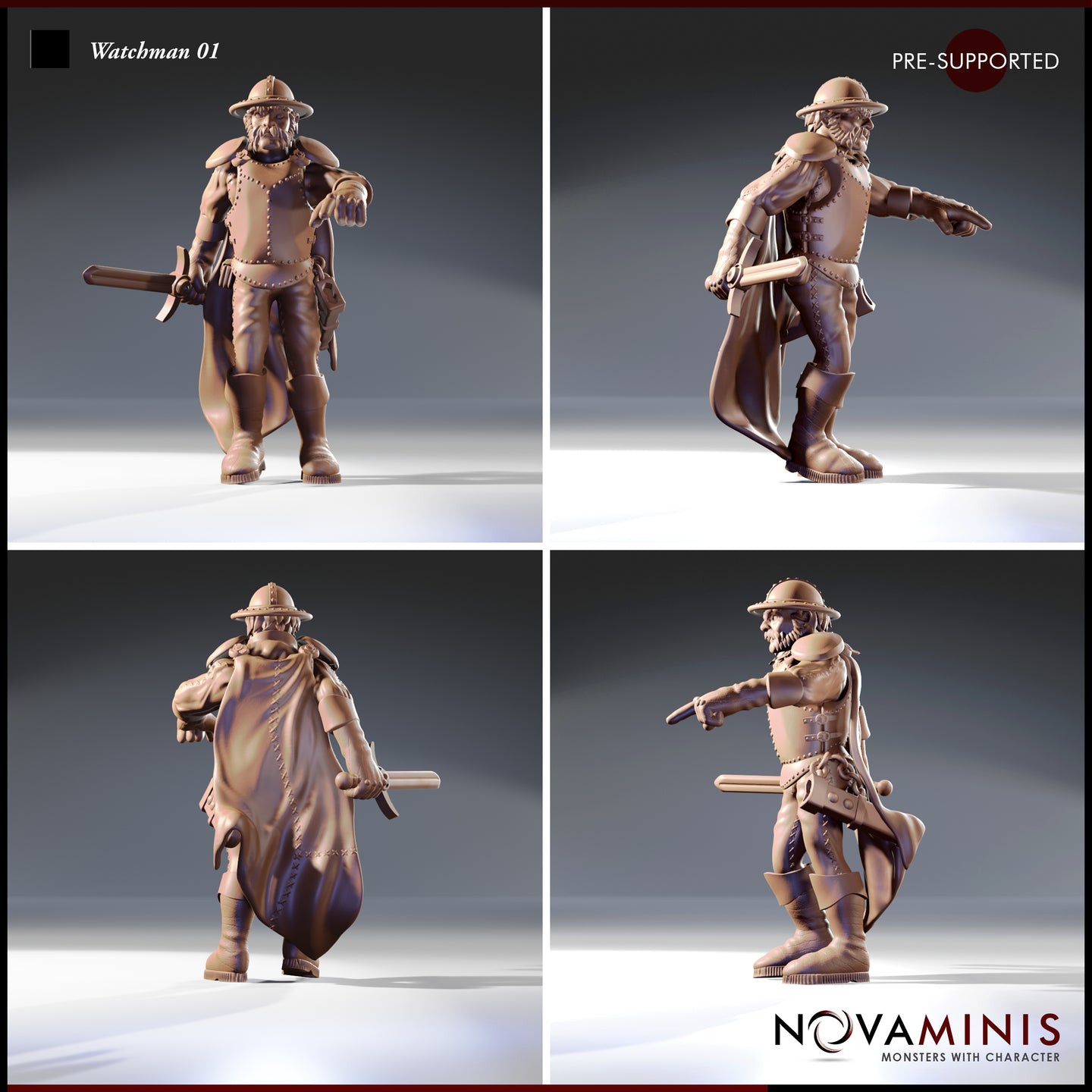 Novaminis Watchman 01 — four-angle render showing front, back, and both sides of the bearded watchman miniature in riveted armour and long cloak, truncheon in hand, capturing the detail of his coat, armour studs, and belt pouches
