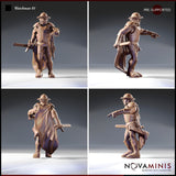 Novaminis Watchman 01 — four-angle render showing front, back, and both sides of the bearded watchman miniature in riveted armour and long cloak, truncheon in hand, capturing the detail of his coat, armour studs, and belt pouches