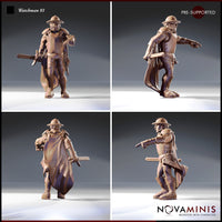 Novaminis Watchman 01 — four-angle render showing front, back, and both sides of the bearded watchman miniature in riveted armour and long cloak, truncheon in hand, capturing the detail of his coat, armour studs, and belt pouches