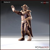 Novaminis Watchman 02 — front-facing 32mm resin miniature render of a male city watchman raising one hand in a halt gesture, the other reaching toward his belt, wearing riveted leather armour and a long trailing cloak, with an alert and suspicious expression