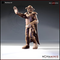 Novaminis Watchman 02 — front-facing 32mm resin miniature render of a male city watchman raising one hand in a halt gesture, the other reaching toward his belt, wearing riveted leather armour and a long trailing cloak, with an alert and suspicious expression