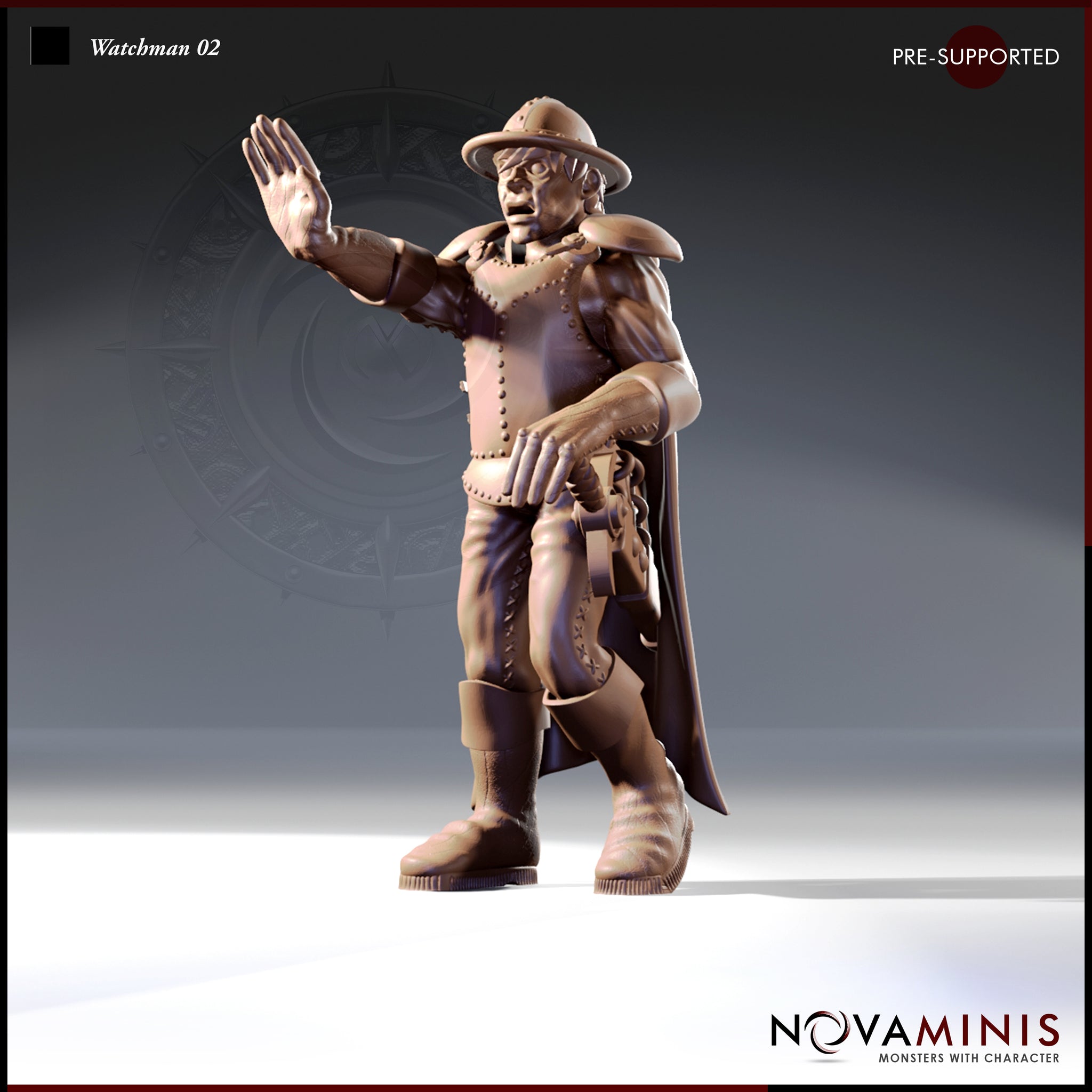 Novaminis Watchman 02 — front-facing 32mm resin miniature render of a male city watchman raising one hand in a halt gesture, the other reaching toward his belt, wearing riveted leather armour and a long trailing cloak, with an alert and suspicious expression