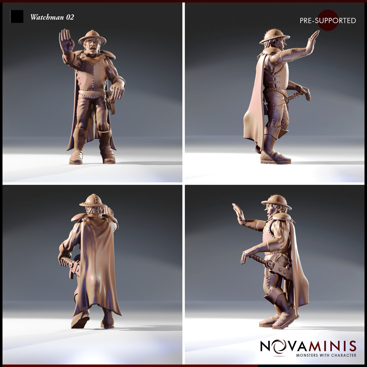 Four-angle digital render of Watchman 02 by Novaminis showing front, side, back, and three-quarter views — studded leather armour, broad belt, flowing cape, chained weapon at hip, wide-brim cap, alert expression with raised hand, unpainted tan resin, 32mm scale