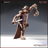 Digital render of Watchman 03 by Novaminis — an orc city watchman in studded leather armour and a domed hat, striding forward with a chain-hung bull's-eye lantern raised in one hand and a shortsword held low in the other, cloak billowing behind him, 32mm scale