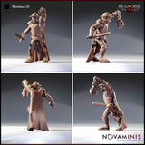 Four-angle digital render of Watchman 03 by Novaminis showing front, three-quarter, rear, and side views of the orc watchman miniature — highlighting the riveted armour panels, stitched travelling cloak, raised lantern on chain, and low shortsword grip, 32mm scale