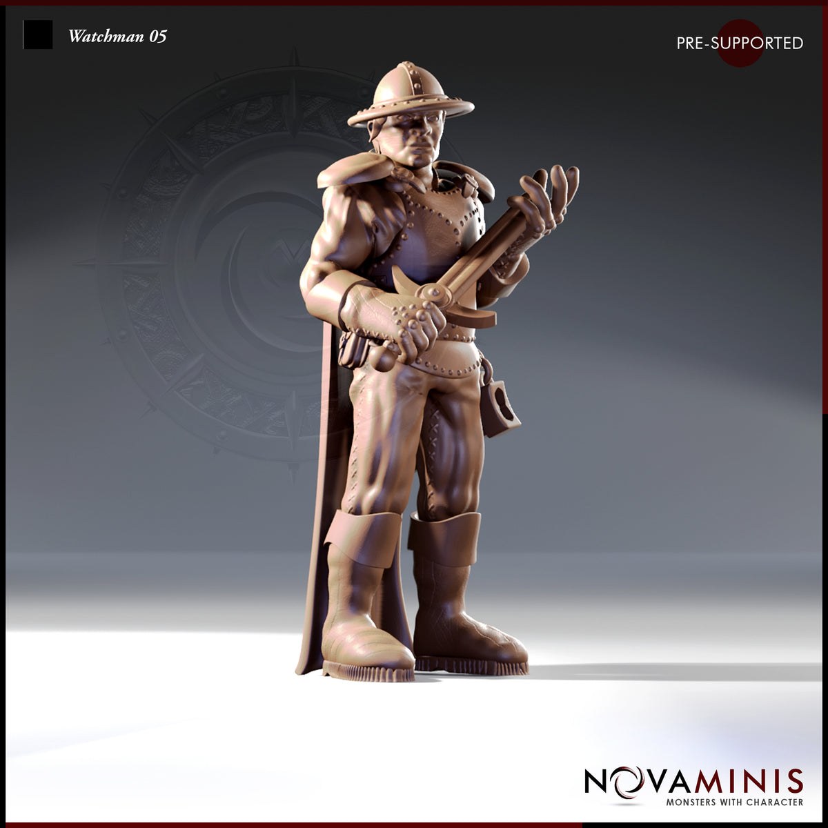 Front-facing digital render of Watchman 05 by Novaminis — a male human city guard in studded leather armour and a broad-brimmed kettle hat, holding a crossbow across his chest with one gauntleted hand raised, wearing a long travelling cloak, at 32mm scale