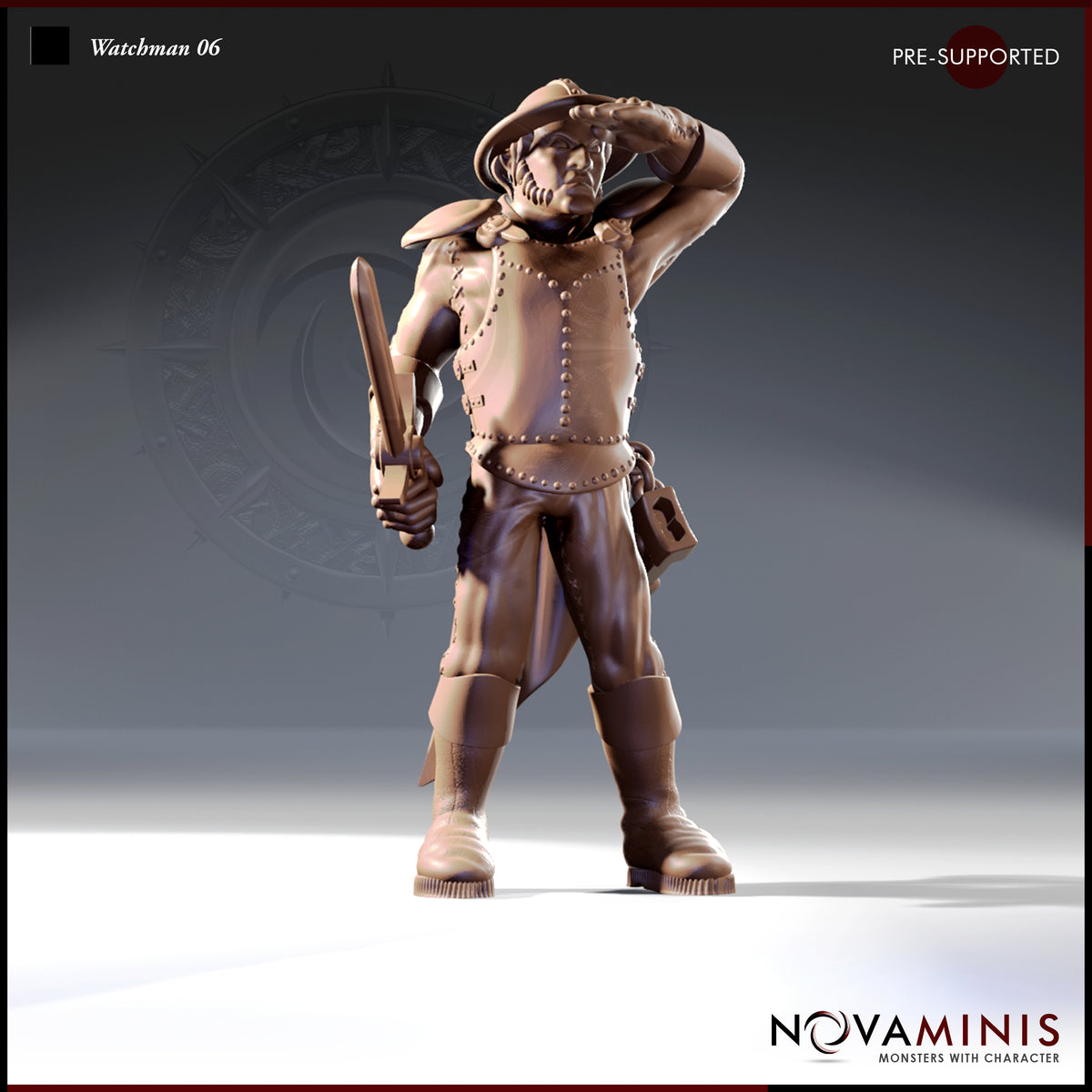 Front-facing digital render of Watchman 06 miniature by Novaminis — a broad-shouldered male human guard in riveted studded leather armour with pauldron, one hand raised to shade his eyes while the other holds a shortsword low; wearing a wide-brimmed hat, heavy boots, and a belt pouch; 32mm scale, unpainted resin render