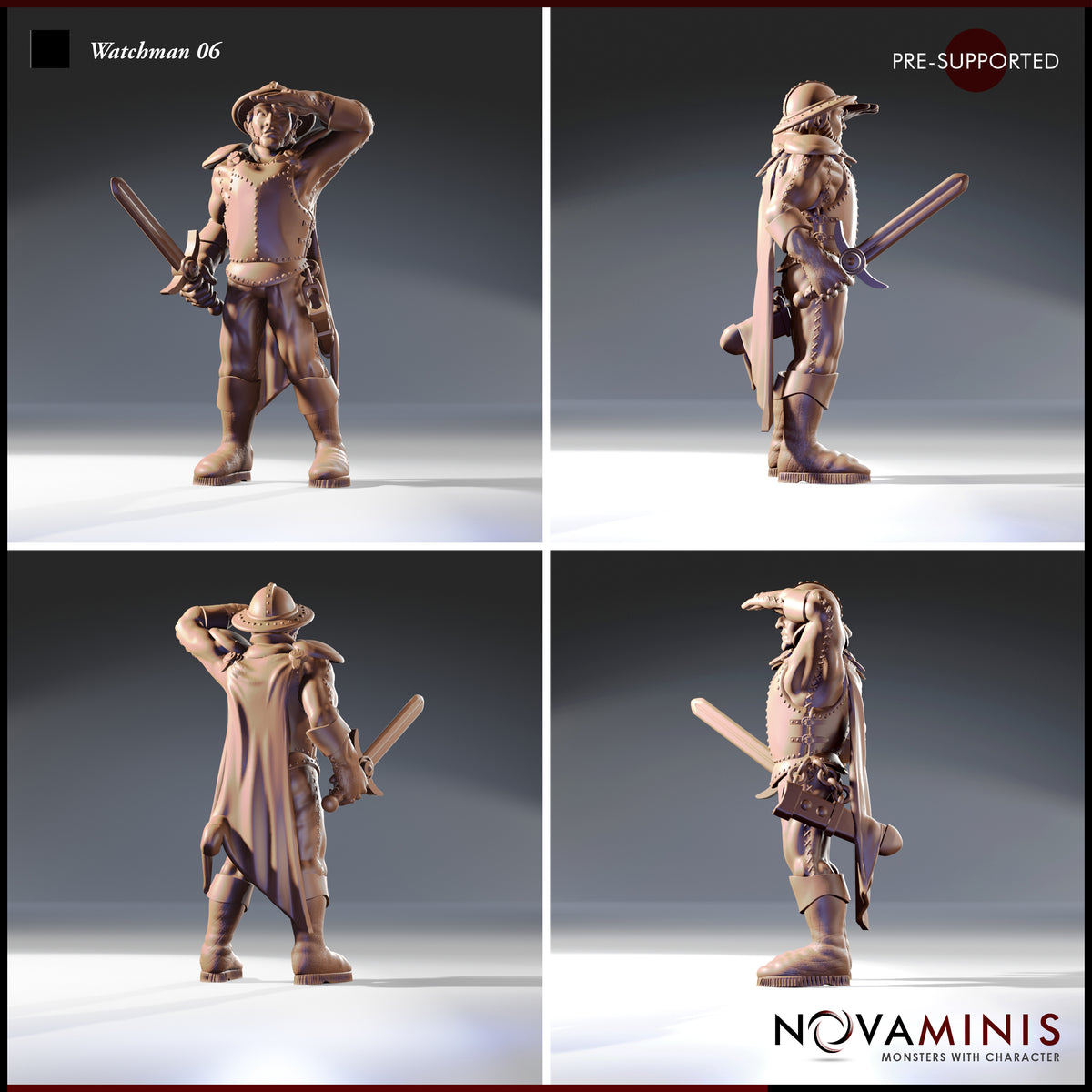 Four-angle digital render turnaround of Watchman 06 by Novaminis showing front, side, back, and three-quarter views — revealing the full detail of his riveted leather breastplate, flowing cloak or coat tail at the rear, belt pouch, shortsword, wide-brimmed hat, and alert scanning pose; 32mm scale miniature, unpainted