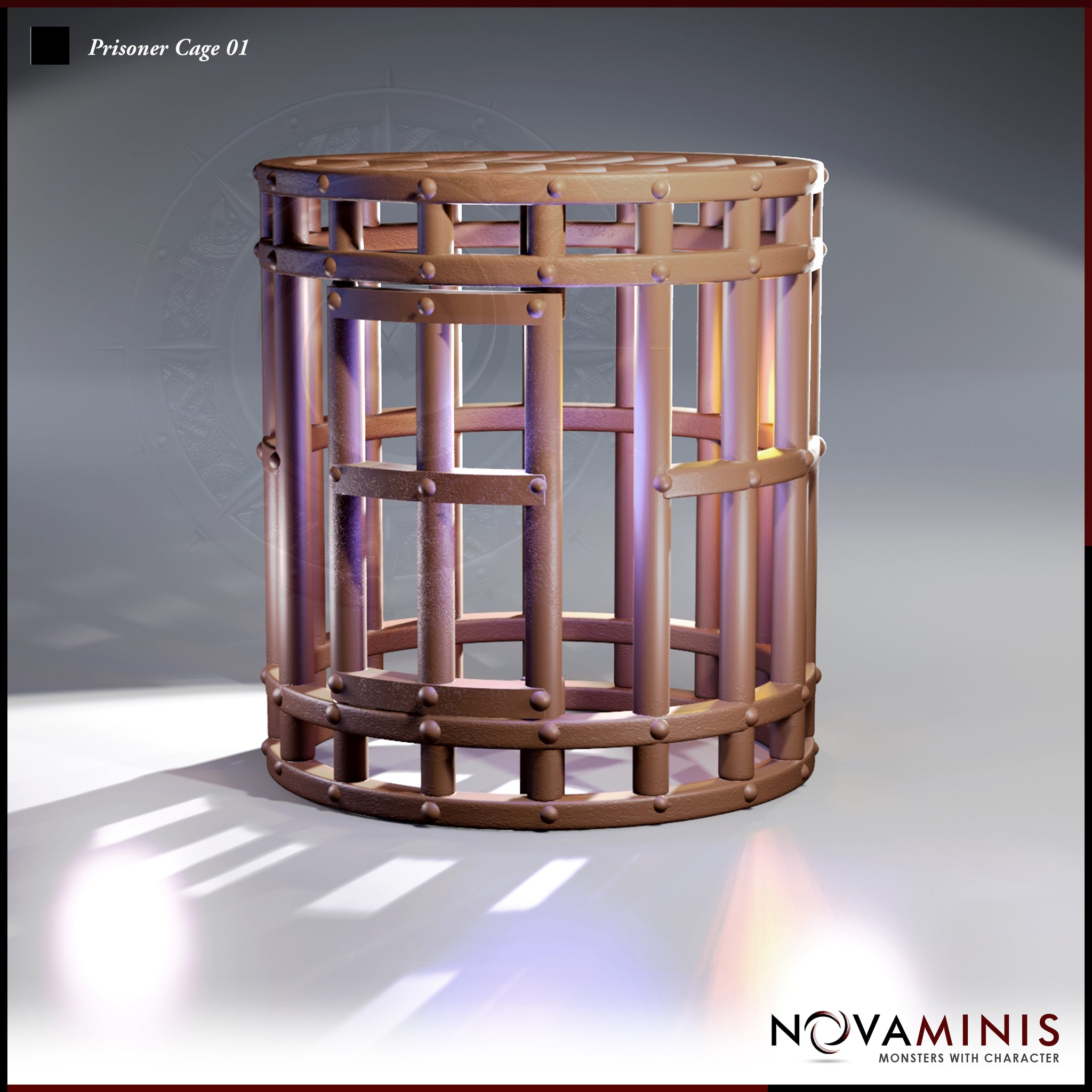 Digital render of a cylindrical iron prisoner cage miniature terrain piece by Novaminis, showing thick vertical bars, rivet-studded banding, and a solid flat top, viewed from a front three-quarter angle against a grey background