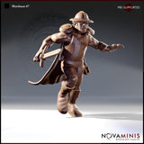 Digital render of Watchman 07 by Novaminis — a stocky male human guard in mid-stride, wearing a riveted brigandine breastplate, broad-brimmed kettle helm, and knee-high boots, gripping a shortsword low in his right hand with his left arm outstretched for balance, cape billowing behind him, viewed from the front-left