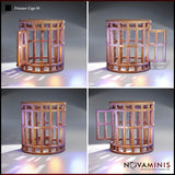 Four-angle digital render of the Novaminis prisoner cage terrain piece showing the hinged door open on both the left and right sides, revealing the hollow interior suitable for a 32mm scale miniature