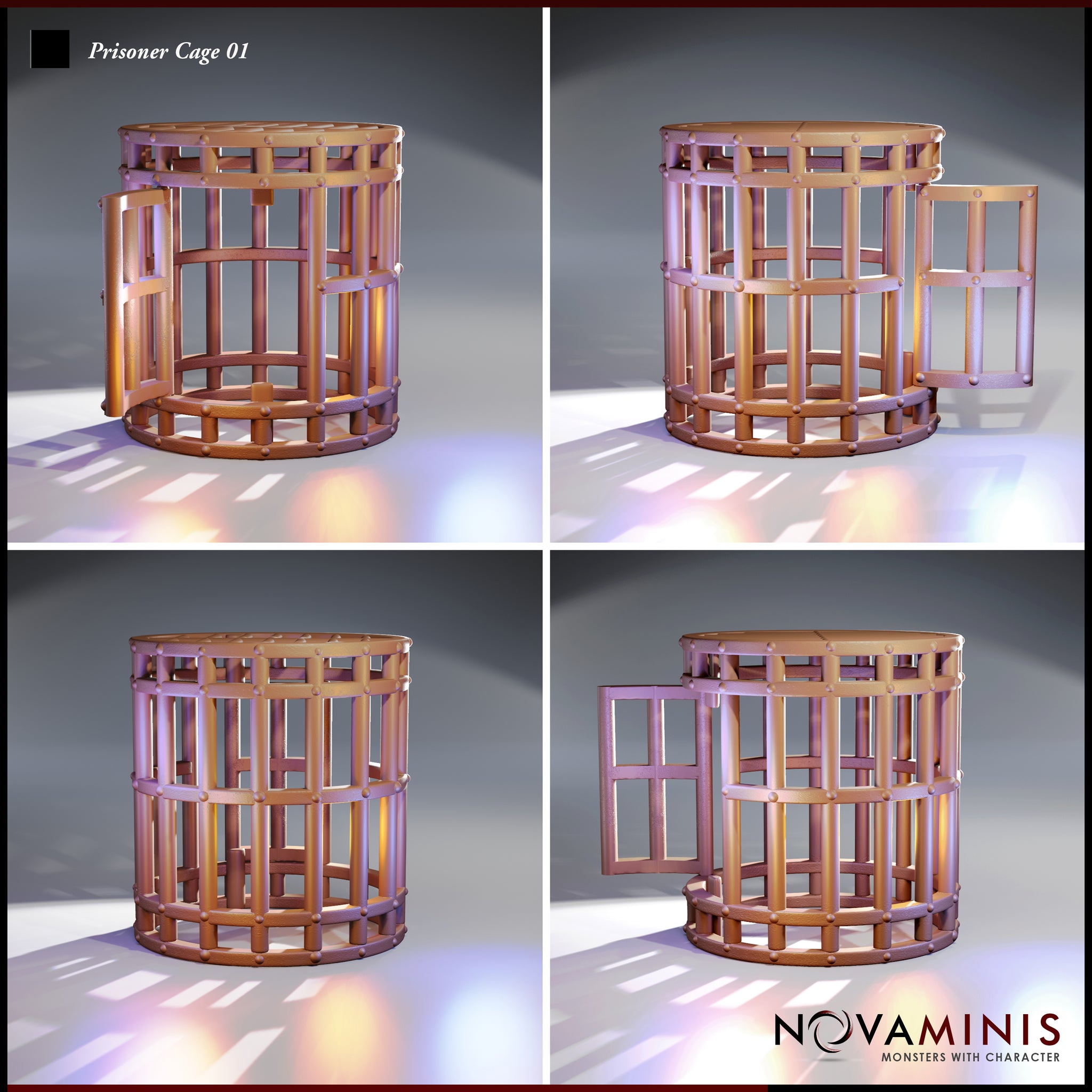 Four-angle digital render of the Novaminis prisoner cage terrain piece showing the hinged door open on both the left and right sides, revealing the hollow interior suitable for a 32mm scale miniature