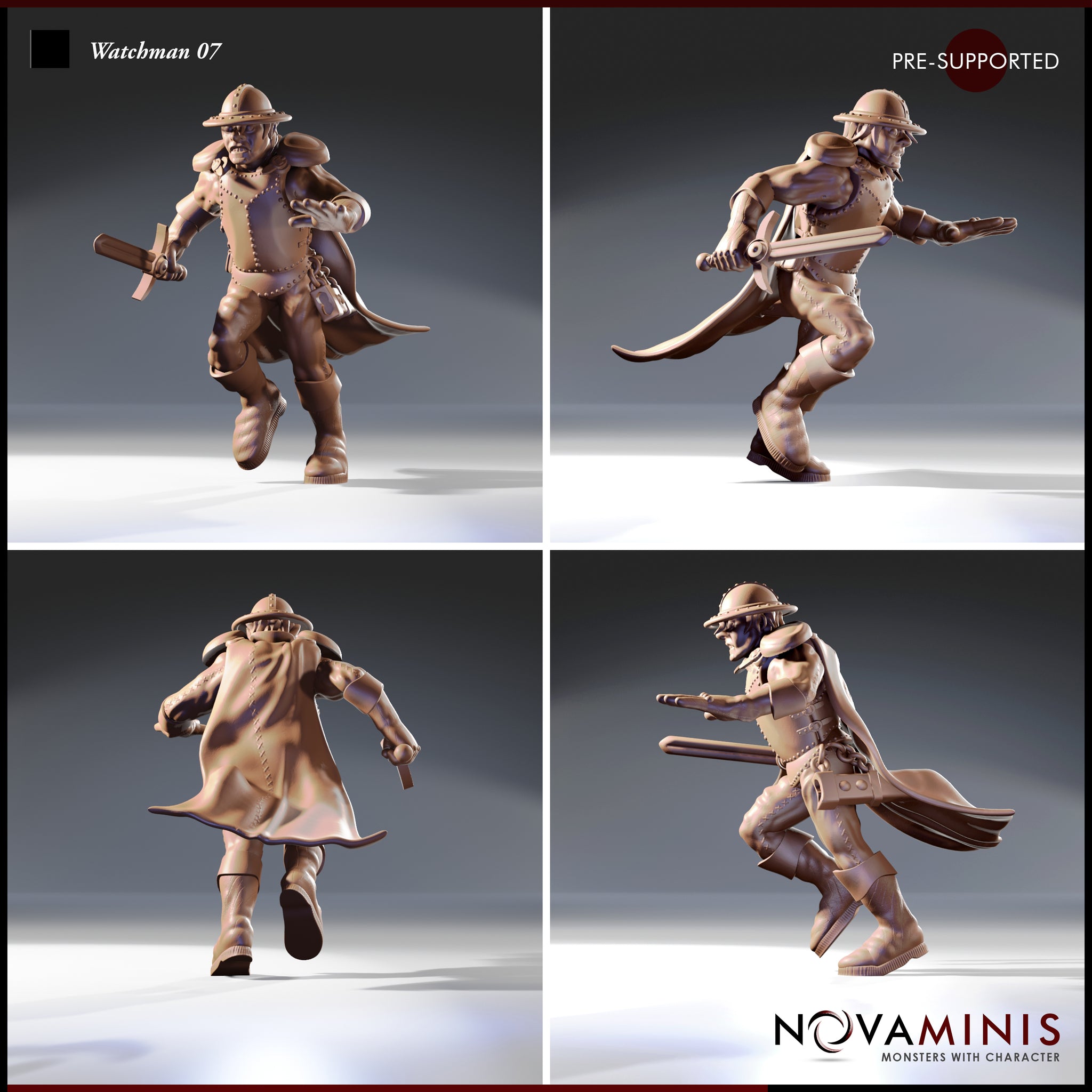 Four-angle digital render sheet of Watchman 07 by Novaminis showing front, right side, rear, and dynamic low-angle views of the running watchman miniature, highlighting the swirling cape, studded armour detail, belt pouches, and grizzled facial expression