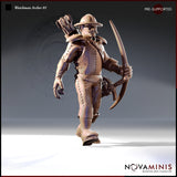 32mm resin miniature render of Watchman Archer 01 by Novaminis — a mustachioed male human guard in studded leather armour, broad-brimmed kettle hat, and boots, striding forward with a recurve bow in one hand and a full arrow quiver on his back