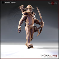 32mm resin miniature render of Watchman Archer 01 by Novaminis — a mustachioed male human guard in studded leather armour, broad-brimmed kettle hat, and boots, striding forward with a recurve bow in one hand and a full arrow quiver on his back