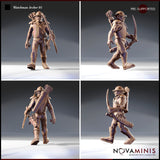 Four-angle turnaround render of Watchman Archer 01 by Novaminis showing front, side, back, and three-quarter views of the leather-armoured city watchman with bow and quiver at 32mm scale