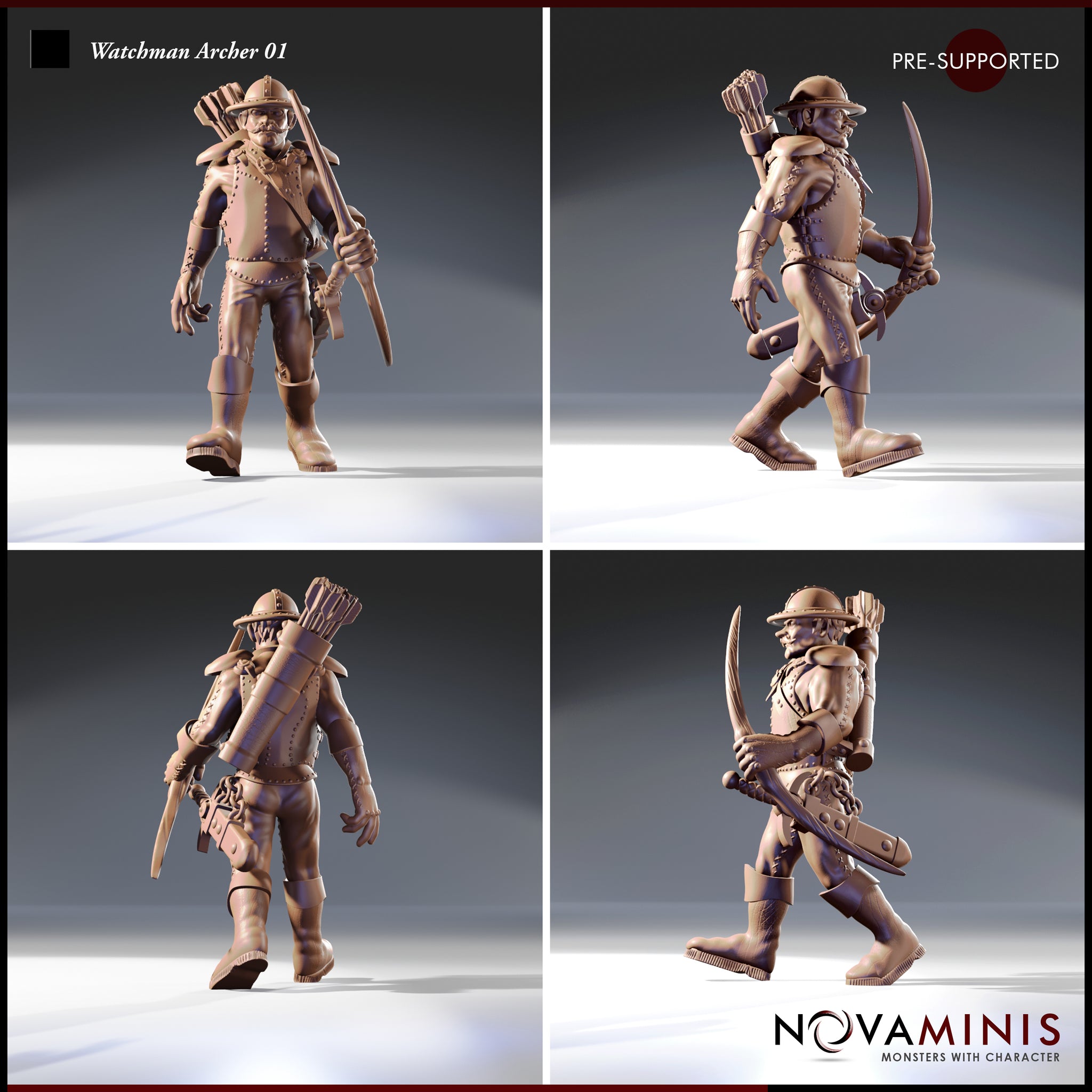 Four-angle turnaround render of Watchman Archer 01 by Novaminis showing front, side, back, and three-quarter views of the leather-armoured city watchman with bow and quiver at 32mm scale