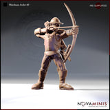 32mm resin miniature render of Watchman Archer 02 by Novaminis — a male human city guard in studded leather armour and kettle hat, standing wide-legged at full draw with a longbow aimed forward
