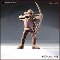 32mm resin miniature render of Watchman Archer 02 by Novaminis — a male human city guard in studded leather armour and kettle hat, standing wide-legged at full draw with a longbow aimed forward