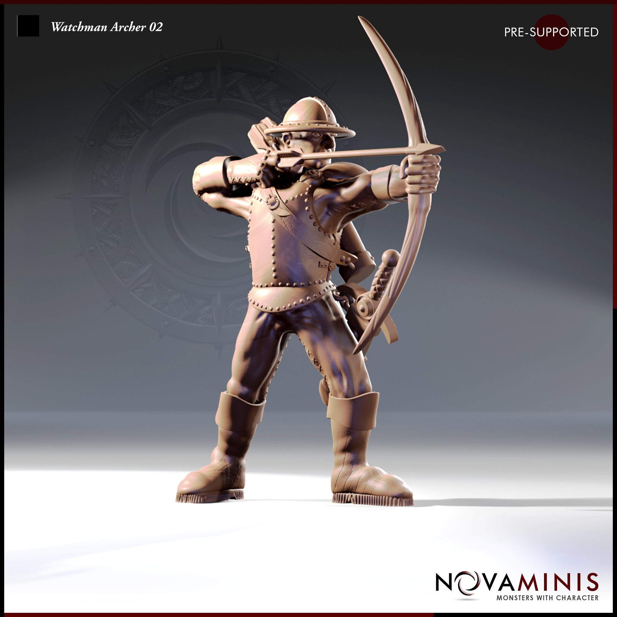 32mm resin miniature render of Watchman Archer 02 by Novaminis — a male human city guard in studded leather armour and kettle hat, standing wide-legged at full draw with a longbow aimed forward