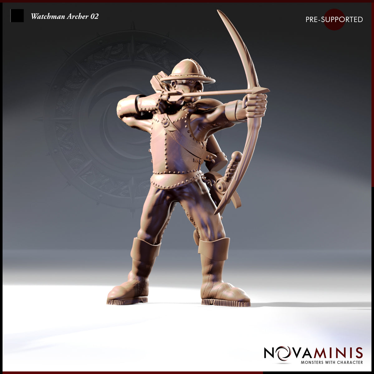 32mm resin render of Watchman Archer 02 by Novaminis — a male human city guard in studded leather armour and a broad-brimmed kettle hat, standing wide-legged with a longbow drawn to full extension, a short sword at his hip and an arrow case on his back