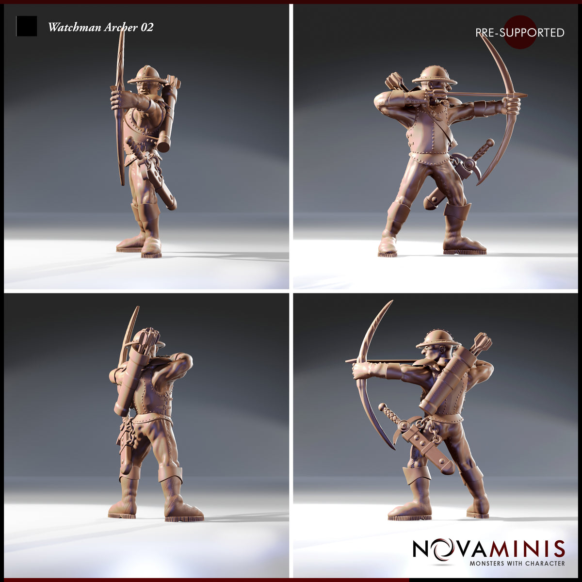 Four-angle render of Watchman Archer 02 by Novaminis showing front, rear, and side views — clearly displaying the riveted leather armour, longbow at full draw, cylindrical arrow case, short sword, and kettle hat detail at 32mm scale