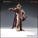 Digital render of the Watchman Captain 01 miniature by Novaminis — a bearded male human in studded leather armour with a flowing cape, wide-brimmed captain's helmet, and a heavy sword at his hip, right arm outstretched in a commanding point, viewed from a front three-quarter angle at 32mm scale