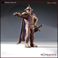 Digital render of the Watchman Captain 01 miniature by Novaminis — a bearded male human in studded leather armour with a flowing cape, wide-brimmed captain's helmet, and a heavy sword at his hip, right arm outstretched in a commanding point, viewed from a front three-quarter angle at 32mm scale