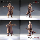 Four-angle turnaround render of the Watchman Captain 01 miniature by Novaminis showing front, front-left, rear, and side-right views — displaying the full cloak detail, riveted armour strapping, ornate sword crossguard, and bearded face beneath the brimmed helmet