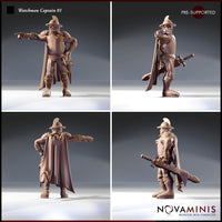 Four-angle turnaround render of the Watchman Captain 01 miniature by Novaminis showing front, front-left, rear, and side-right views — displaying the full cloak detail, riveted armour strapping, ornate sword crossguard, and bearded face beneath the brimmed helmet