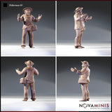 Four-angle turnaround of the unpainted resin fisherman miniature showing front, back, and both side profiles, highlighting the stitched trouser seams, wicker basket detail, beard, and expressive open-handed pose